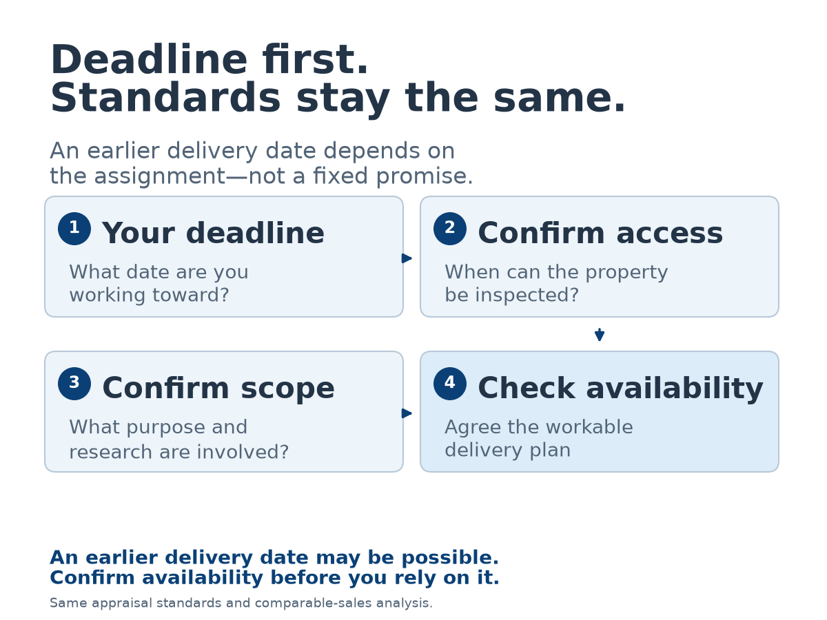 Rush request checklist: share the deadline, confirm property access and scope, and check availability before relying on a delivery date.